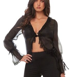 Black Sheer Black Ruffle Boho Blouse Long Sleeve M.